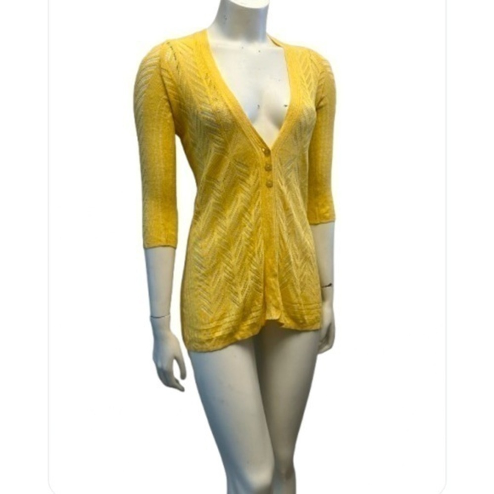 Vibrant Yellow Linen Blend  Cardigan with Deep V-Neck and Three-Quarter Sleeves
